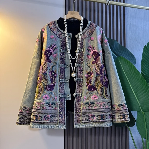 新中式轻奢国风大码女装复古民族风重工加棉全身刺绣盘扣牛仔上衣