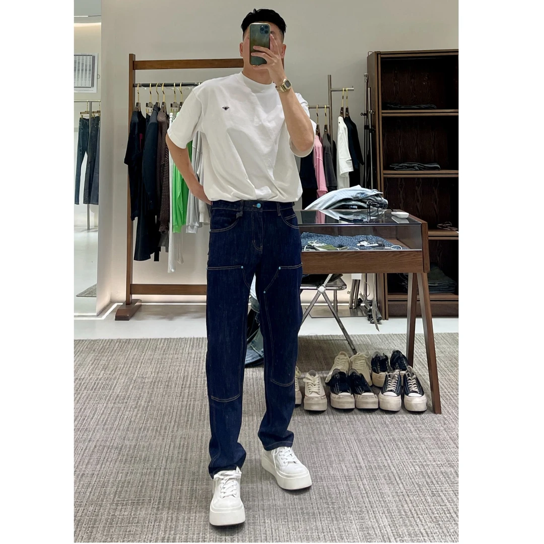 TKTHEKING/9758男士春夏防褪色工装直筒百搭绿松石弹力牛仔裤