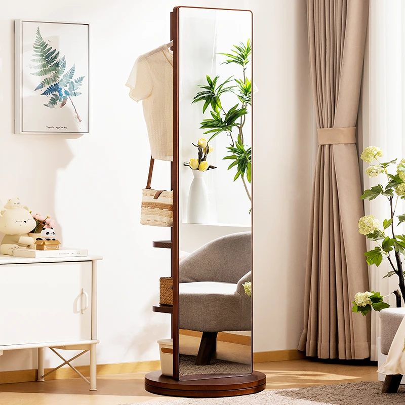 实木全身镜穿衣镜落地镜子家用带挂衣架一体移动试衣镜卧室可旋转