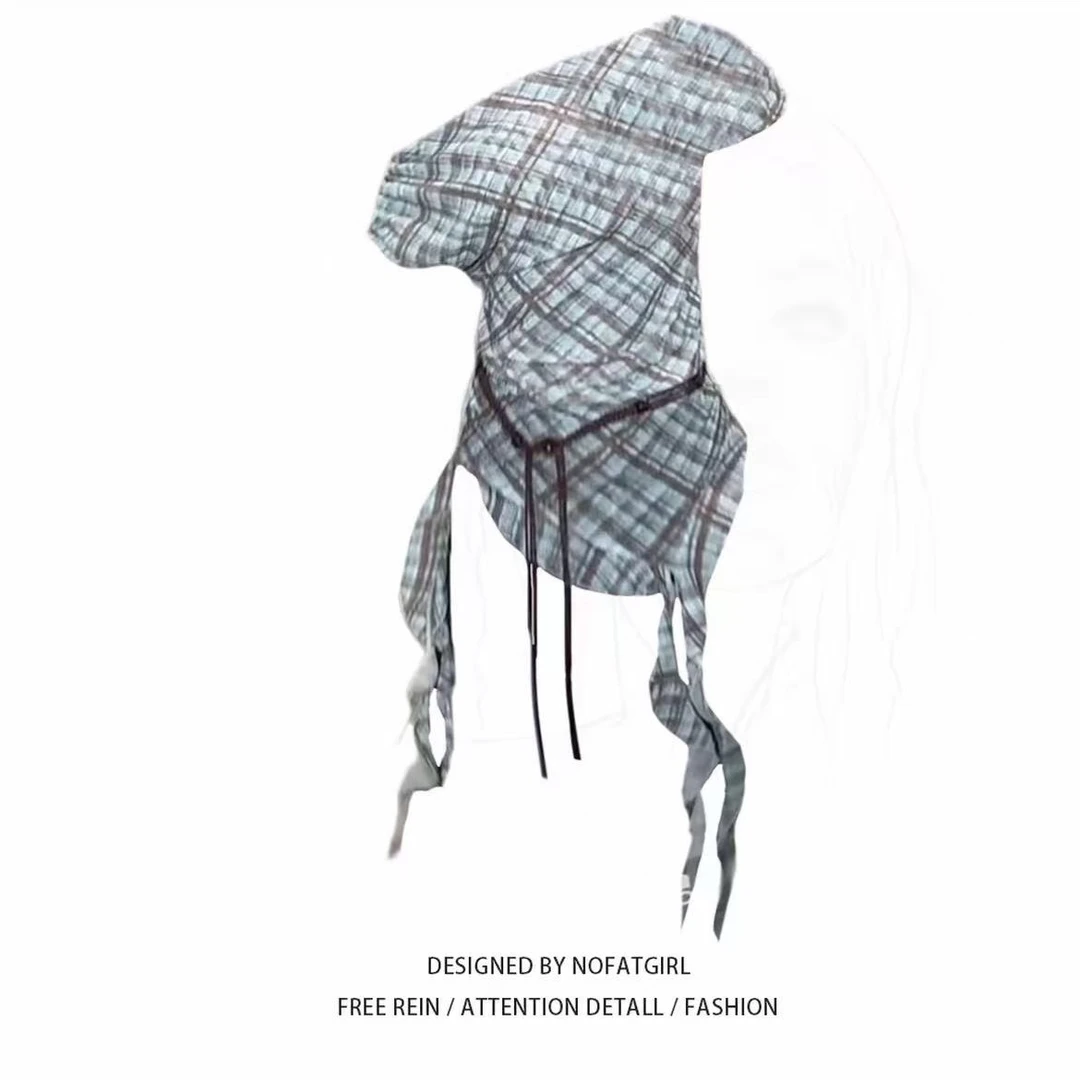 胖MM韩系复古撞色格纹斜肩短袖t恤女夏季不规则飘带辣妹上衣-1063