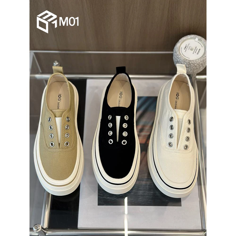 M01厚底松紧一脚蹬帆布鞋女2025百搭透气休闲鞋增高小白鞋板鞋女
