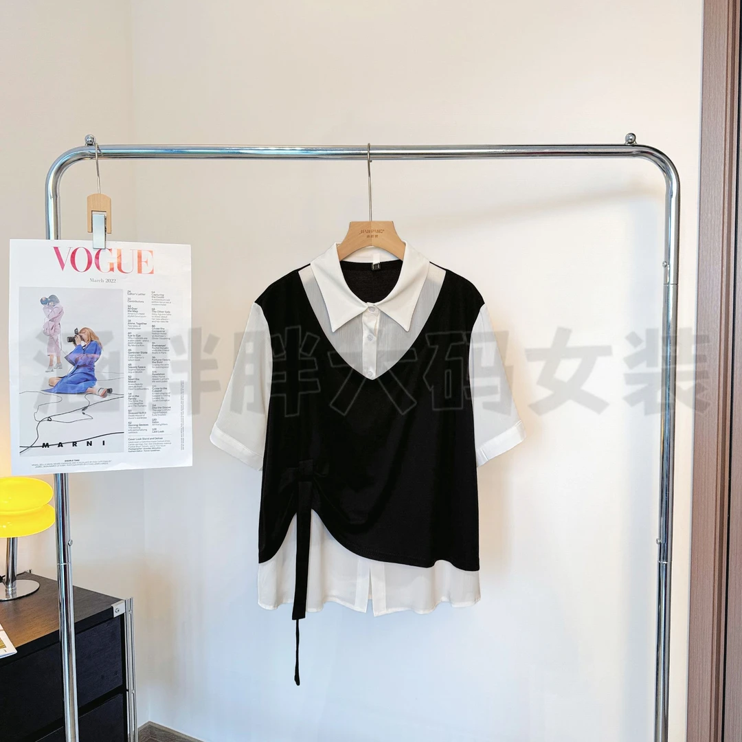 【涵胖胖】夏季大码拼接假两件正肩短袖T恤设计感飘带上衣64531【B】