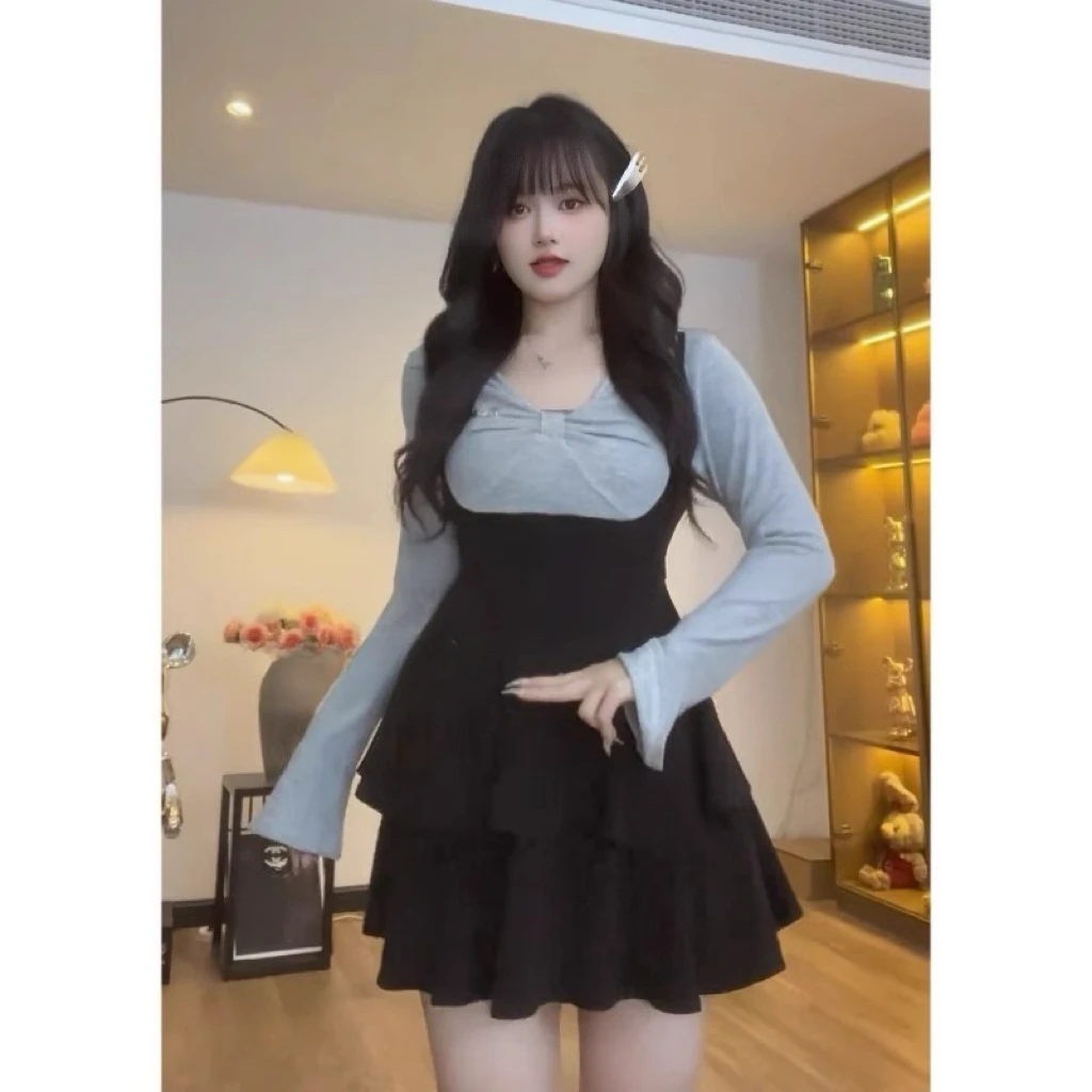大码女装辣妹长袖连衣裙春季梨形身材蛋糕裙胖MM遮肚子显瘦短裙子