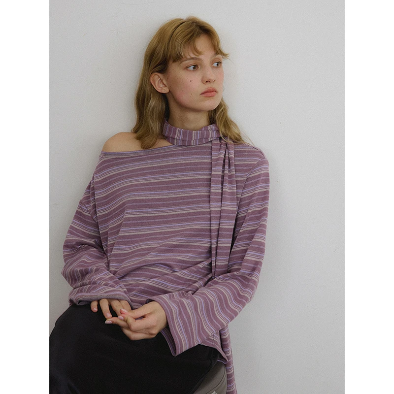 popchrio◆慵懒风飘带一字露斜肩撞色条纹长袖T恤宽松休闲体恤上衣