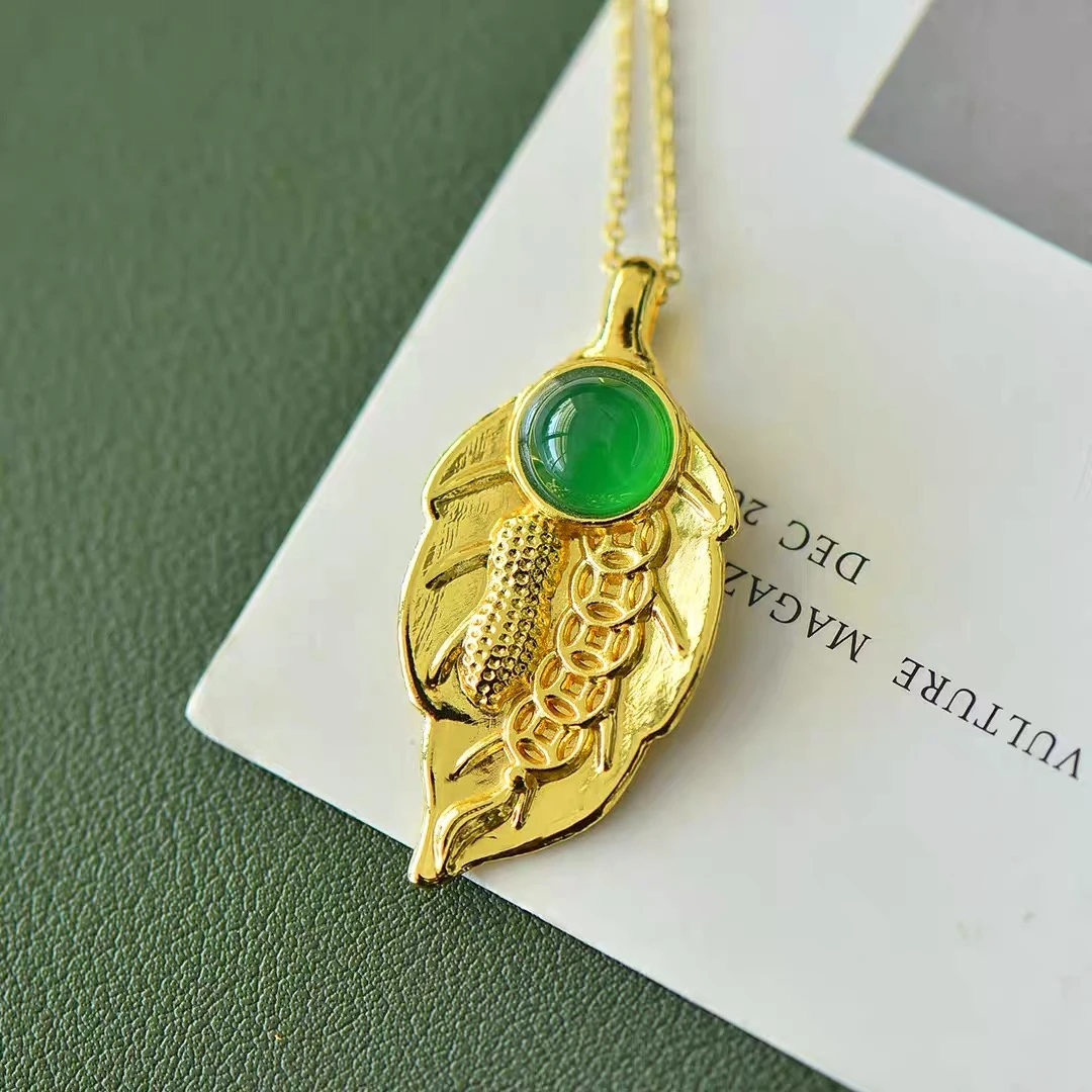 【倩倩优选】时尚大叶有成玉髓吊坠合金镶嵌-赠合金链