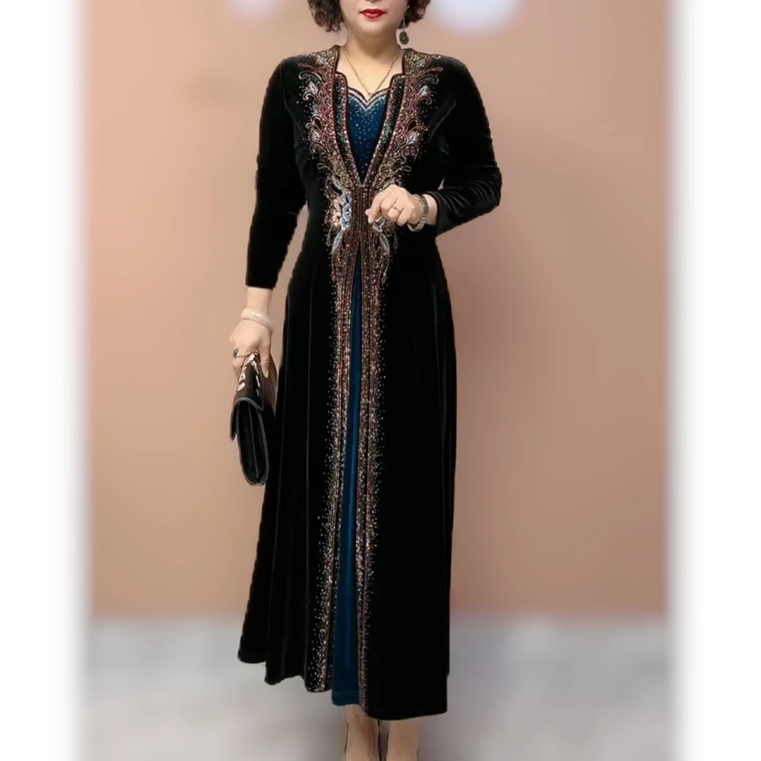 高端中老年女装春装连衣裙中长款显瘦大码镶钻洋气妈妈装金丝绒裙