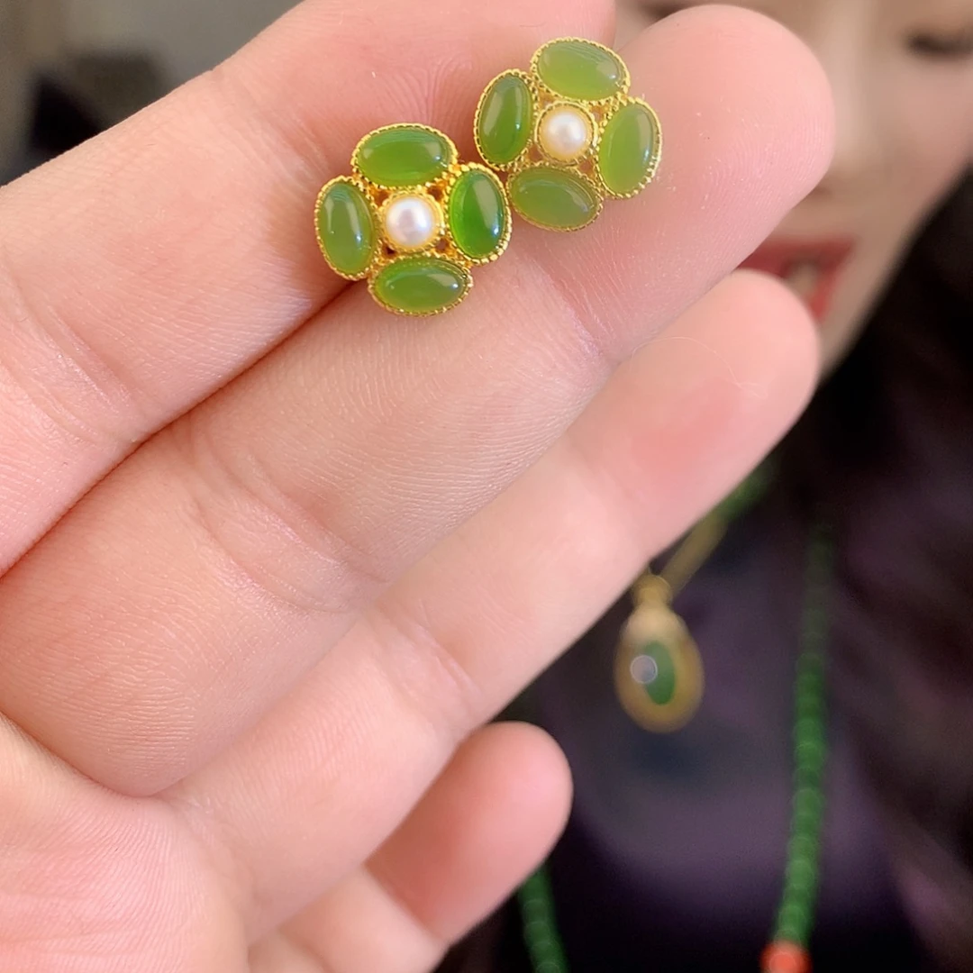 吊坠(不含链)银S925镶嵌和田玉（碧玉）耳饰