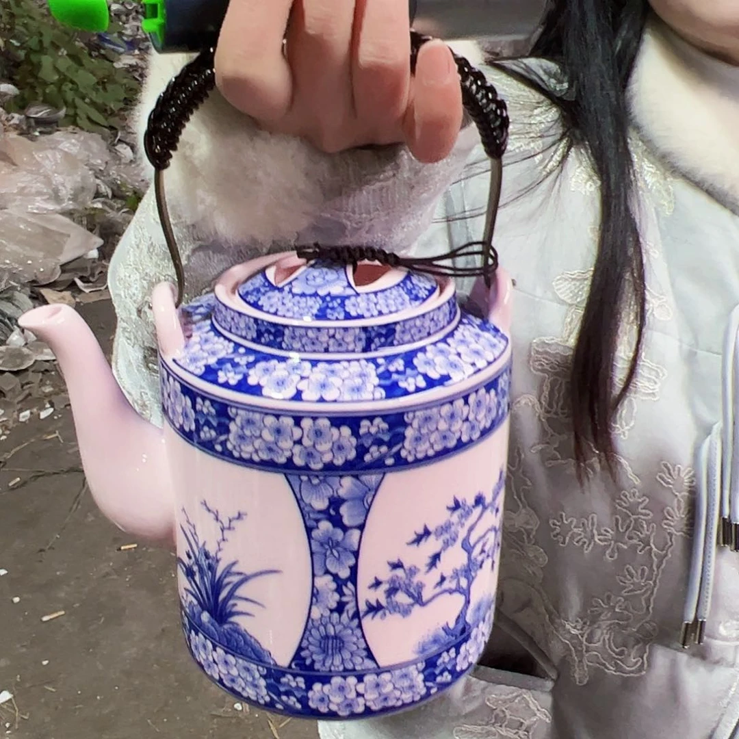 摆件陶景德镇红xixi四季花卉提梁壶