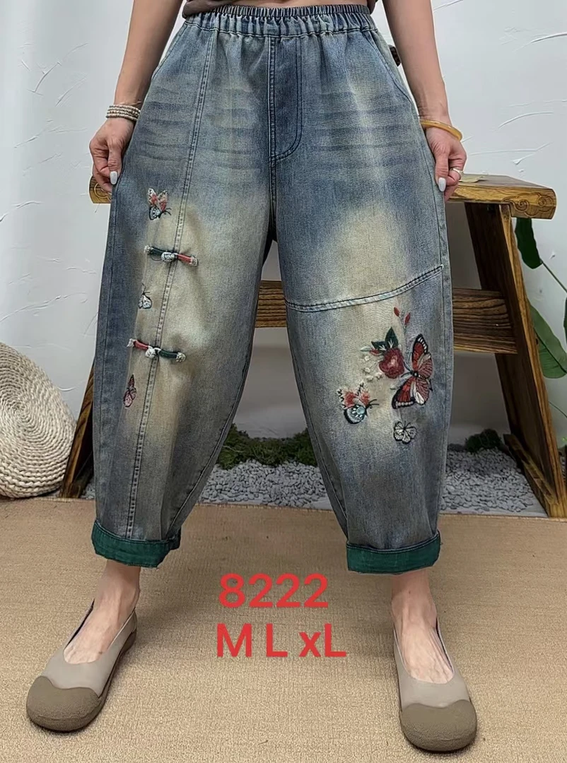 新款8222双盘扣彩蝶刺绣薄款牛仔裤哈伦八分春夏时尚高腰百搭