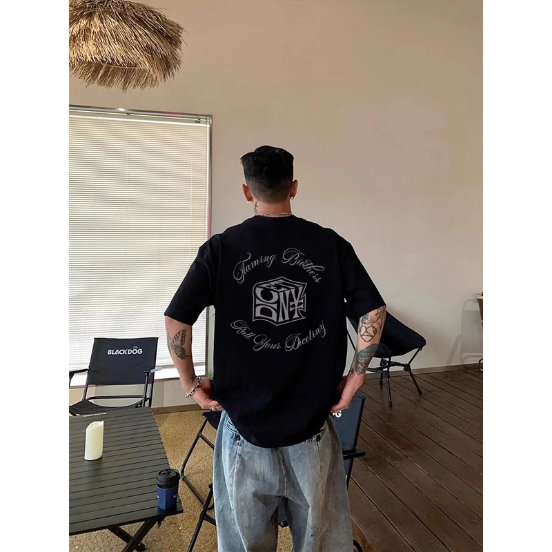 潮牌美式复古印花重磅纯棉短袖T恤男高街宽松休闲小领口正肩上衣