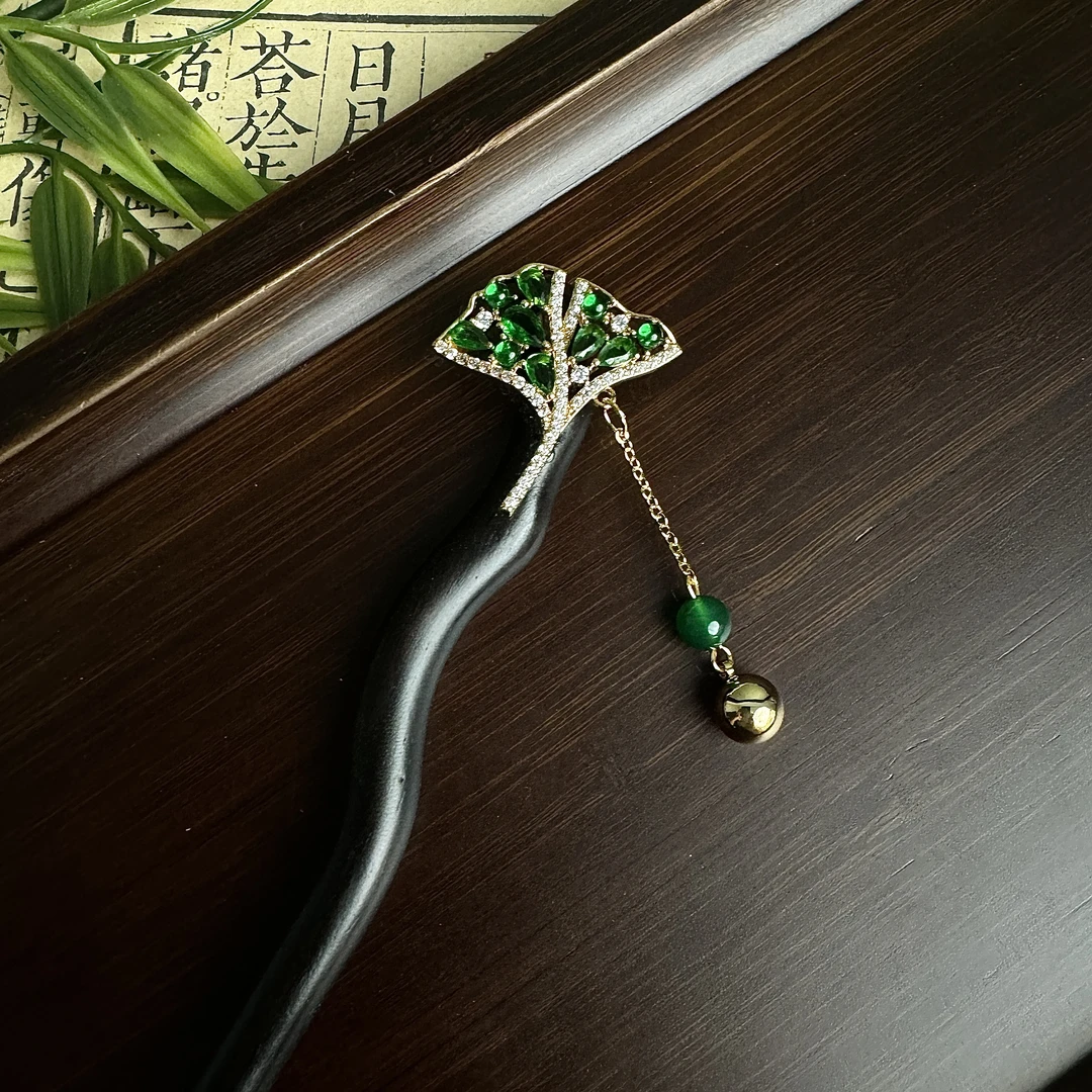 国风发簪黑檀木精品14K银杏叶古风发簪a2326