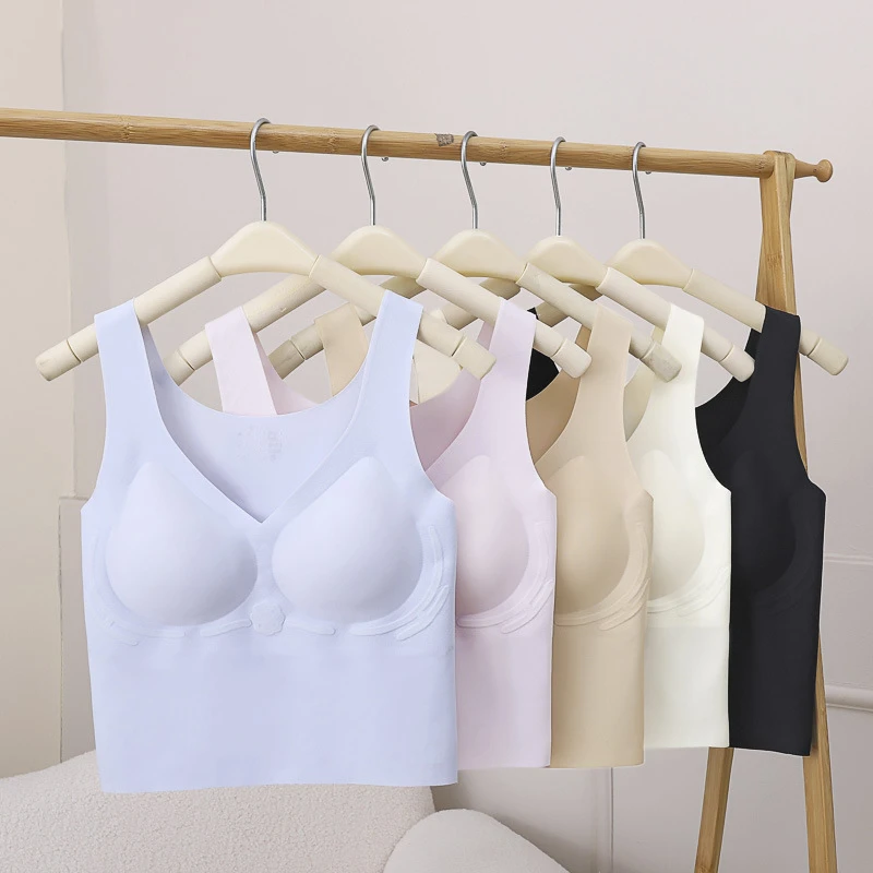 冰丝打底背心女宽肩带胸垫果冻条软支撑小胸聚拢内搭美背内衣韩版