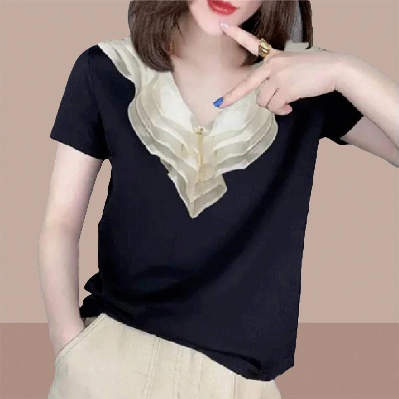 2025年夏季新款荷叶边V领设计感高级感短袖女爆款薄款时尚洋气T恤