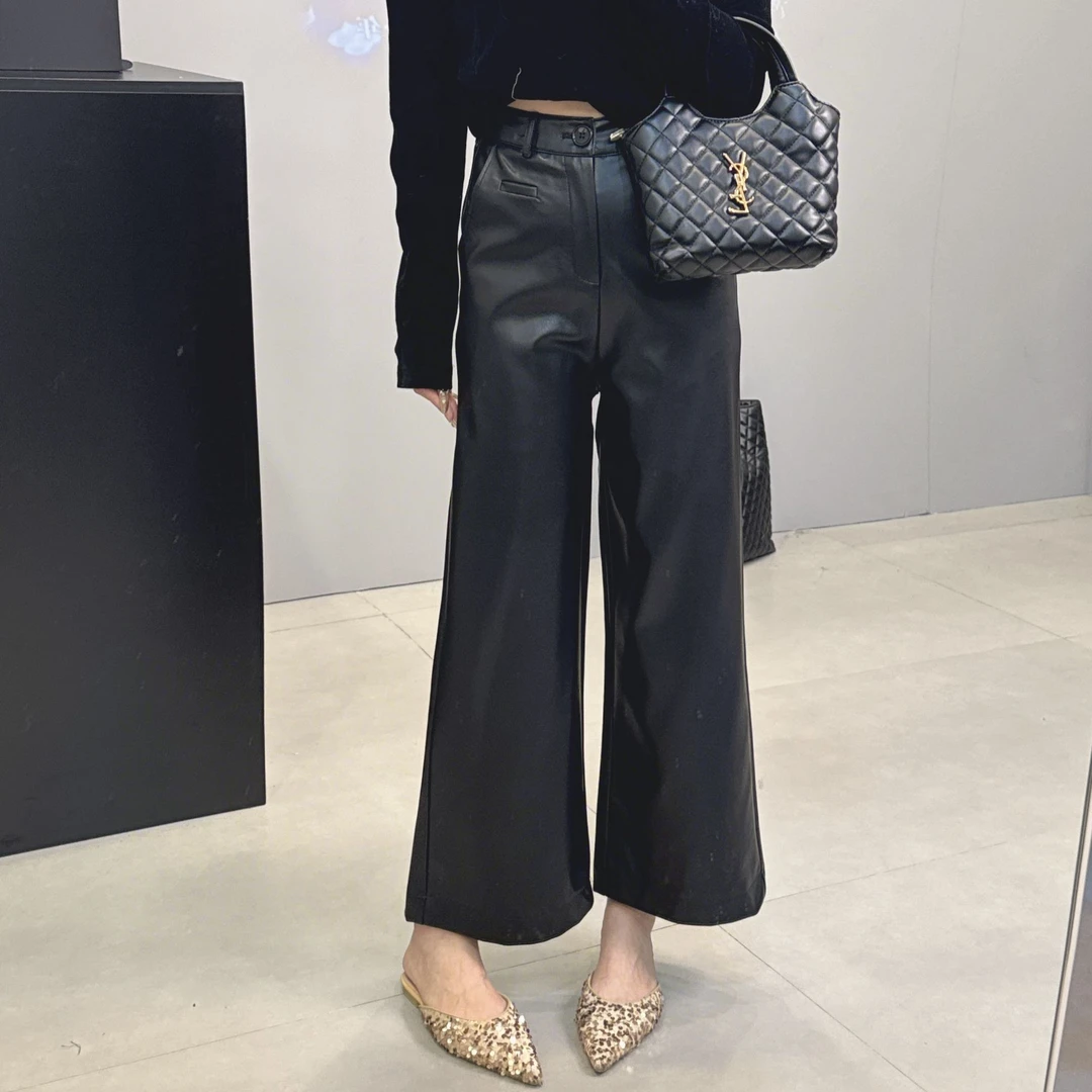 韩版东大门高腰高级感直通阔腿气质显瘦皮裤8313