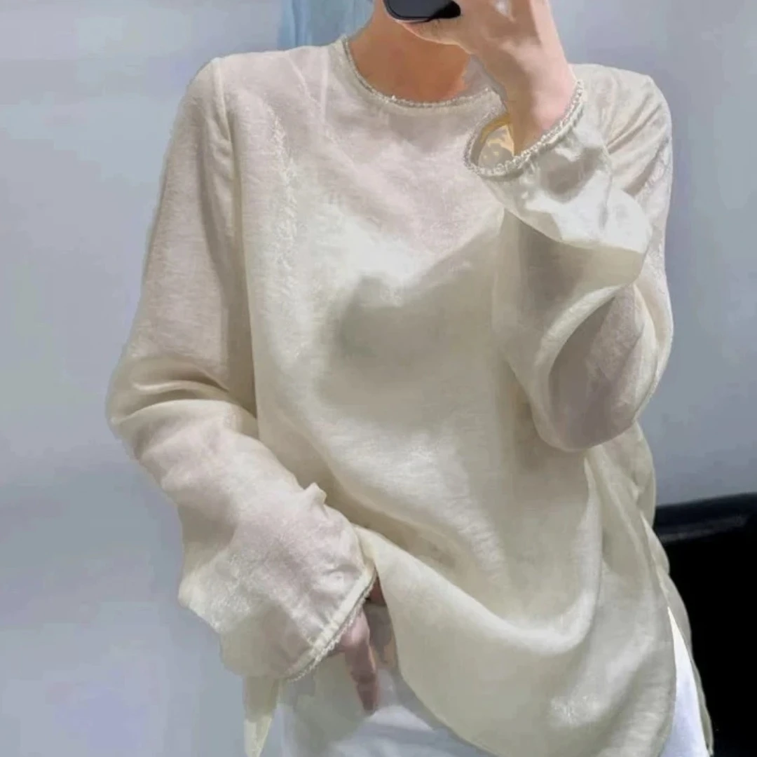 2226国潮中式复古纯色穿珠珠光薄款打底衫卿