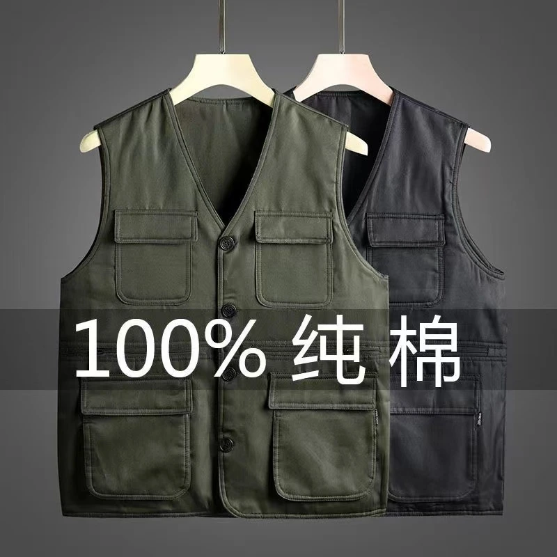 100%纯棉马甲男士春秋款v领多口袋户外穿背心爸爸装钓鱼马夹坎肩