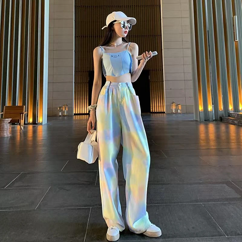 薄款显瘦高腰牛仔裤宽松扎染休闲裤女韩系风夏季