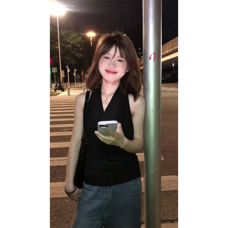 法式V领交叉无袖衬衫修身短款背心薄款上衣ins直筒宽松垂感阔腿裤