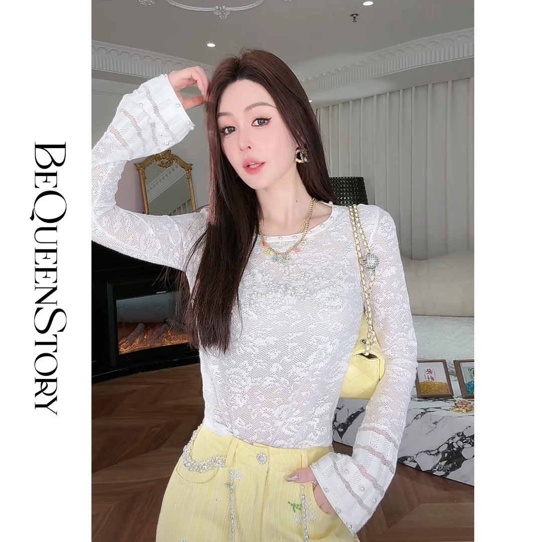 BeQueenStory【云中天使】2025新款重工钉珠提花微喇收腰圆领毛衫