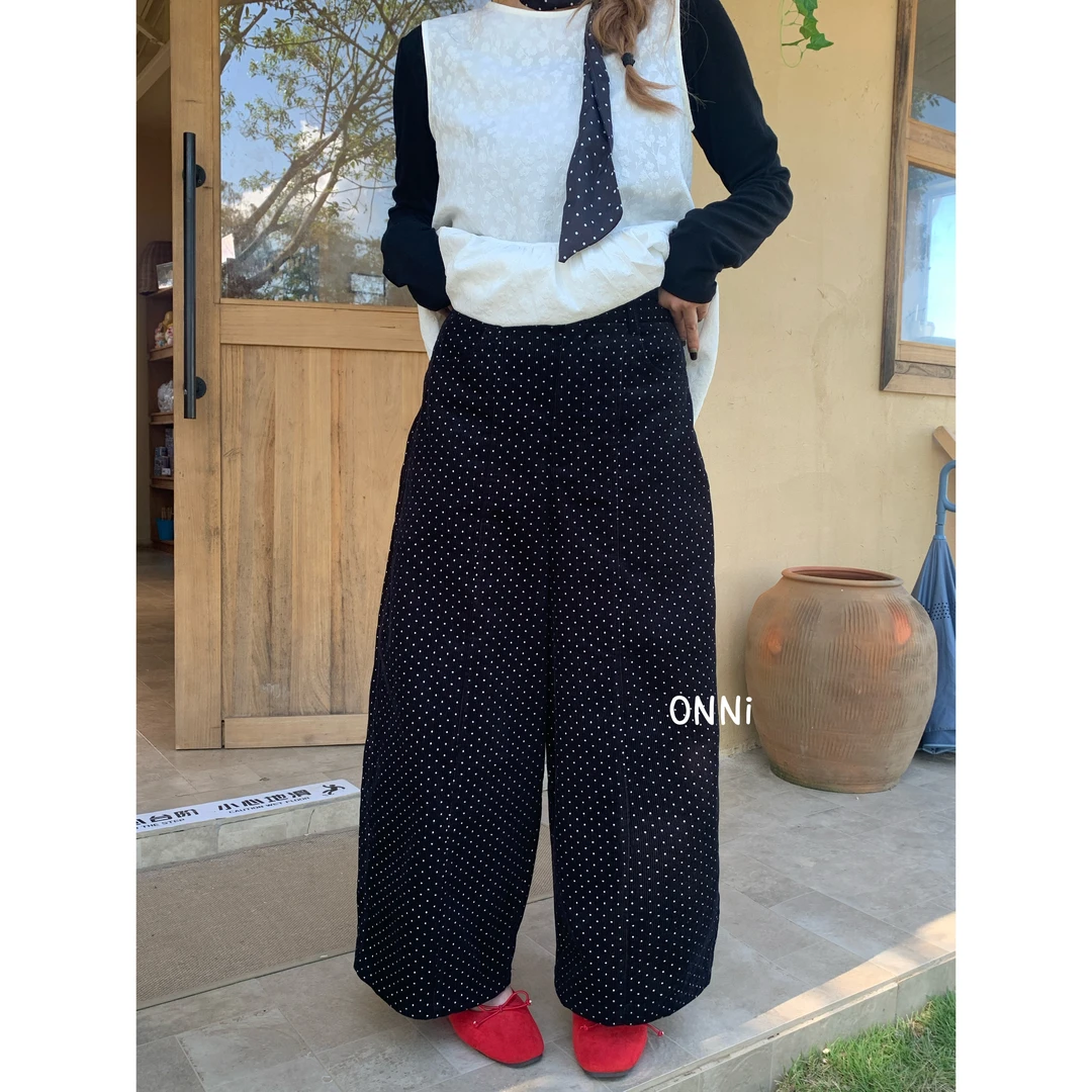ONNI灯芯绒波点直筒裤百搭休闲裤女洋气弹力宽松阔腿裤#0210