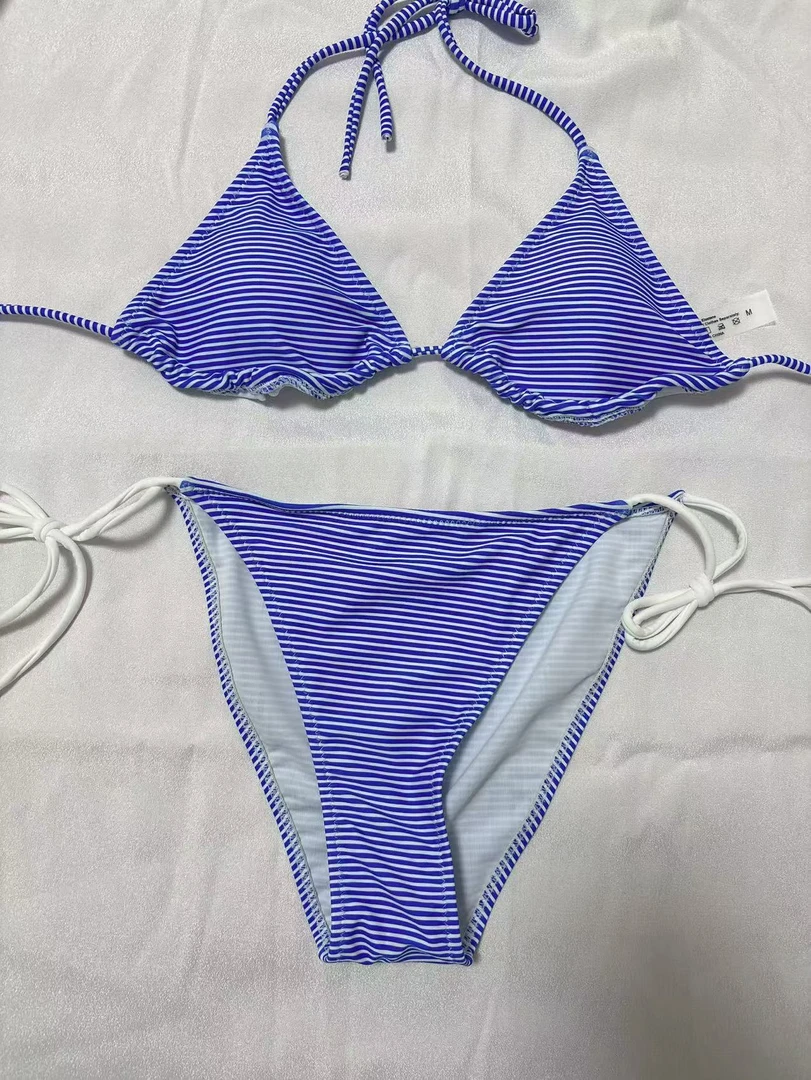 系带挂脖条纹蓝色分体比基尼欧美风辣妹泳装