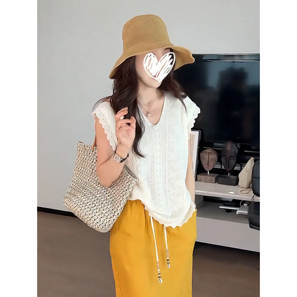 欧洲站V领蝴蝶蕾丝飞飞袖显瘦针织吊带背心夏季新款温婉大方衣服