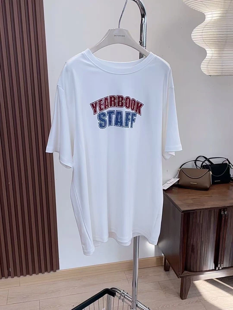 T恤-W9025拼色字母宽松短袖