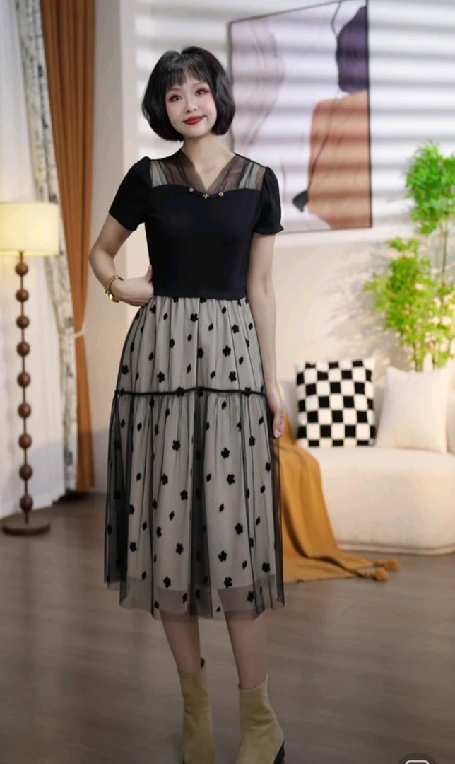 【断码清仓】Q858夏季时尚气质拼接显瘦植绒网纱连衣裙DM9