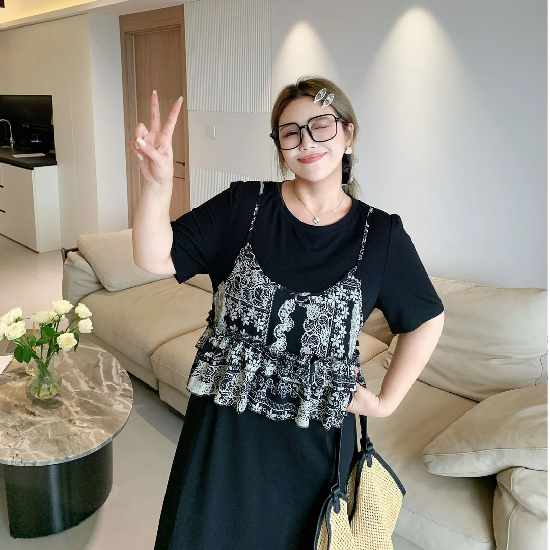 媛子大码碎花假两件连衣裙胖mm宽松显瘦小众高级感穿搭女装长裙