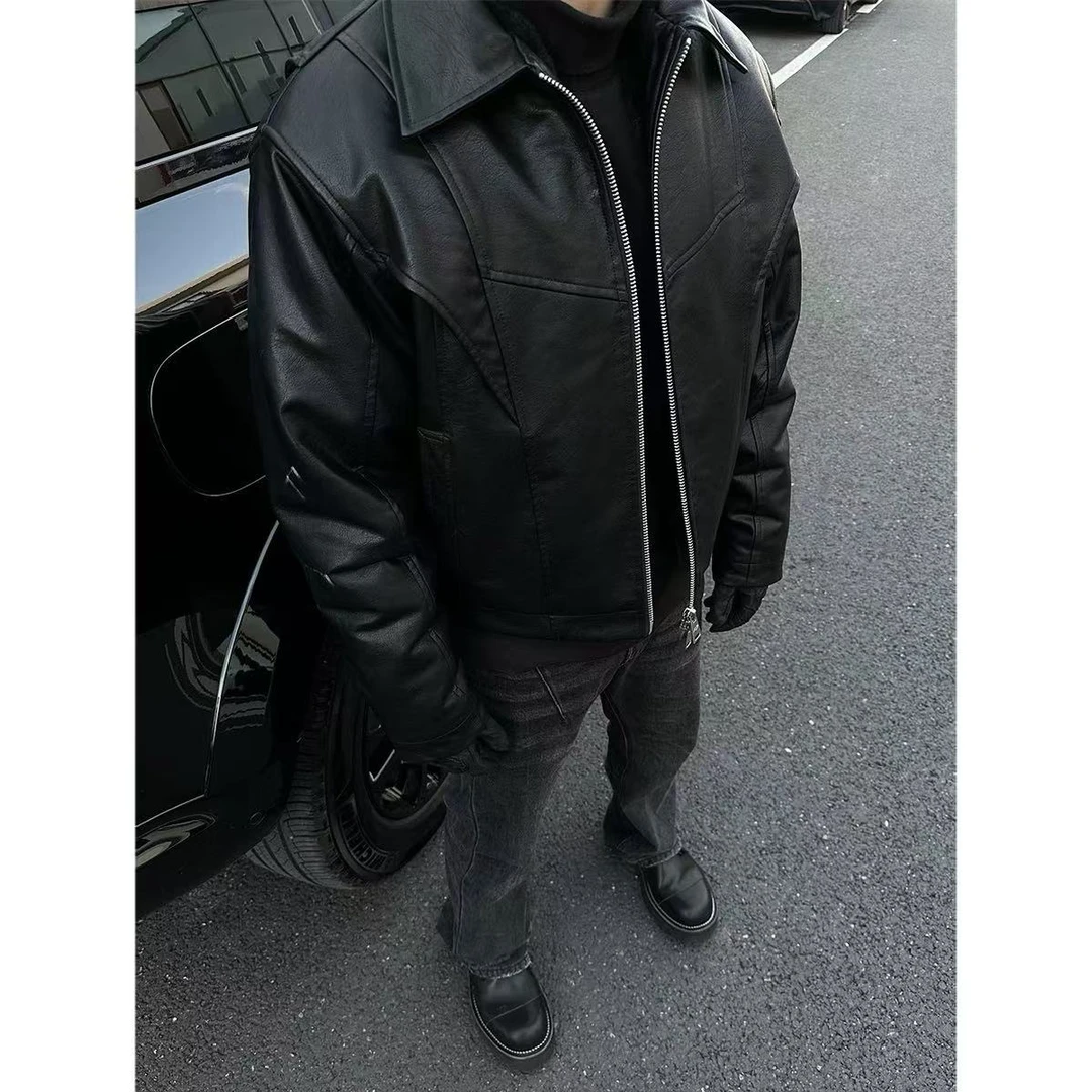 高级感cleanfit黑色皮衣外套潮牌男痞帅春秋美式短款拉链机车夹克