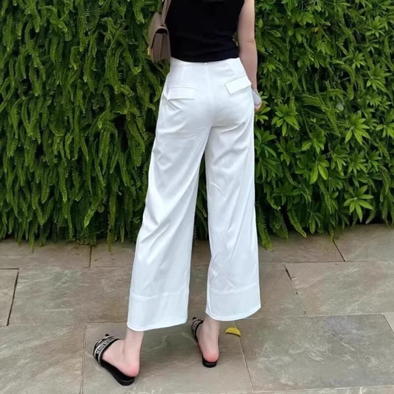 白色直筒休闲裤子女款爆款2025新款大码胖mm高腰宽松窄版阔腿裤