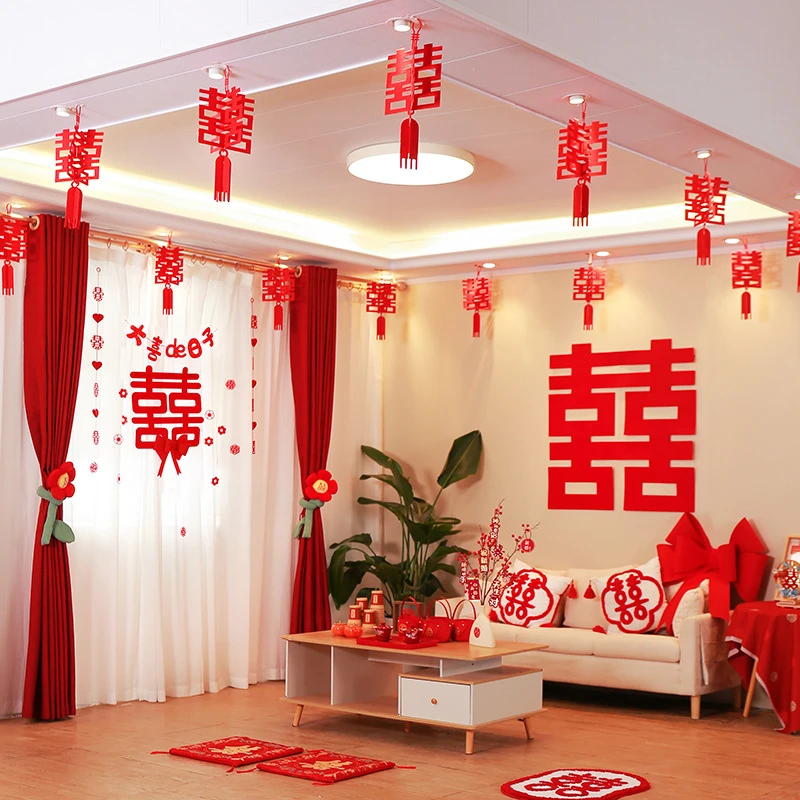 婚房屋顶装饰拉花男方女方结婚新房客厅卧室房间挂饰场景布置套装