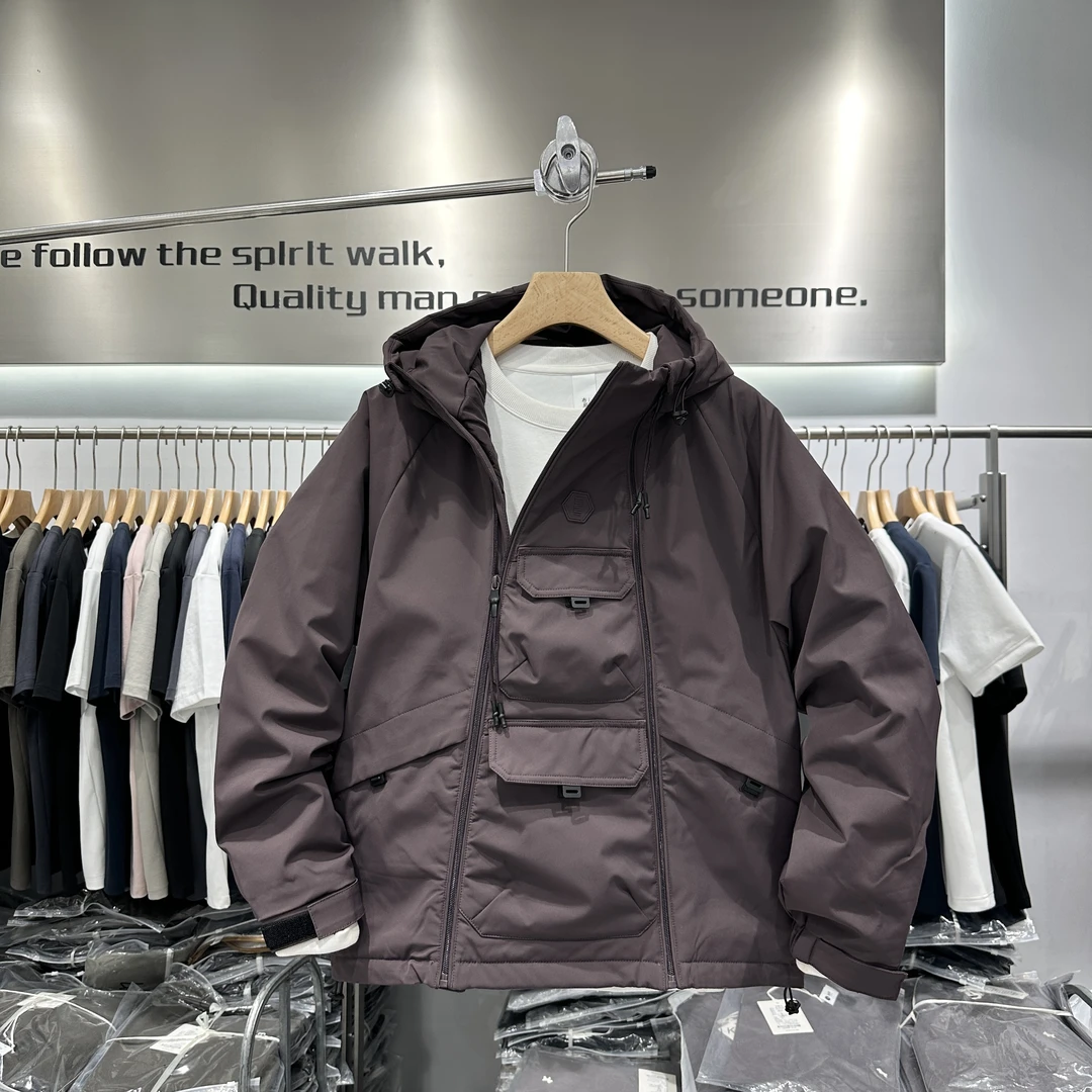 秋冬季新款男士街头双拉链潮牌工装连帽外套休闲潮流薄棉服