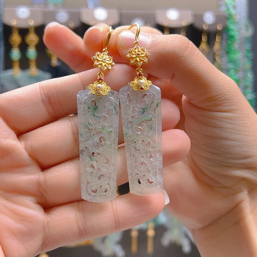 银S925镀金镶嵌翡翠耳饰雨*薇