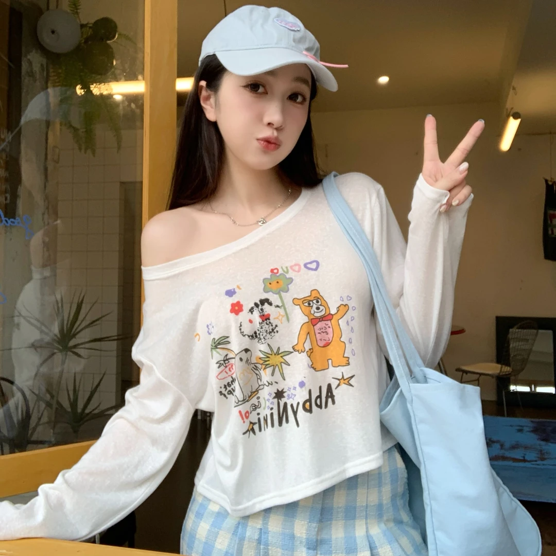 【森林茶会】趣味长袖微透防晒t恤女2025夏新款薄款透气百搭上衣