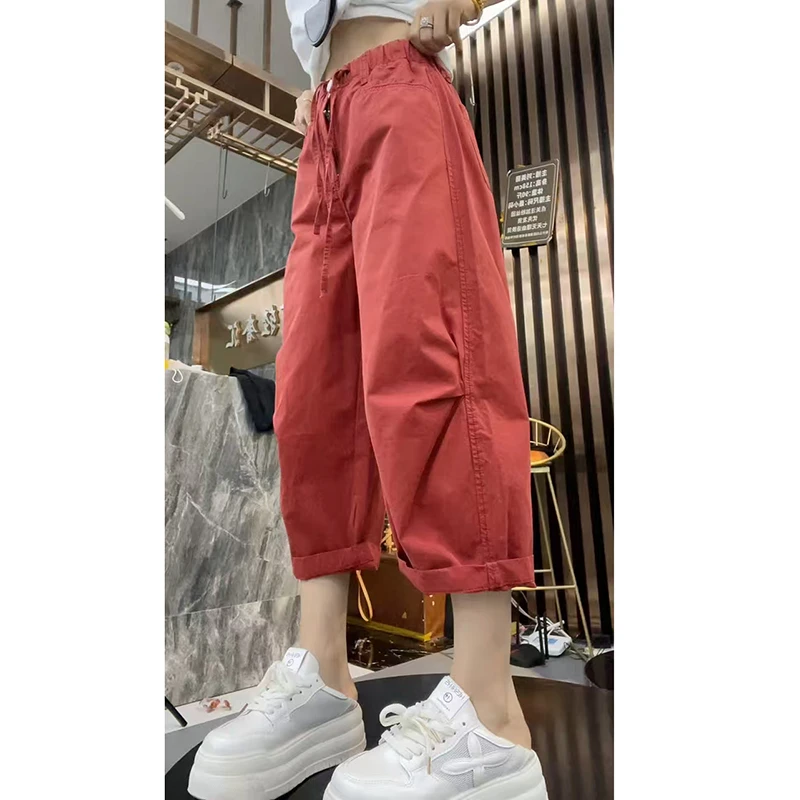 梨型身材弹力休闲裤女2025夏季薄款胖mm显瘦松紧腰八分弯刀直筒裤