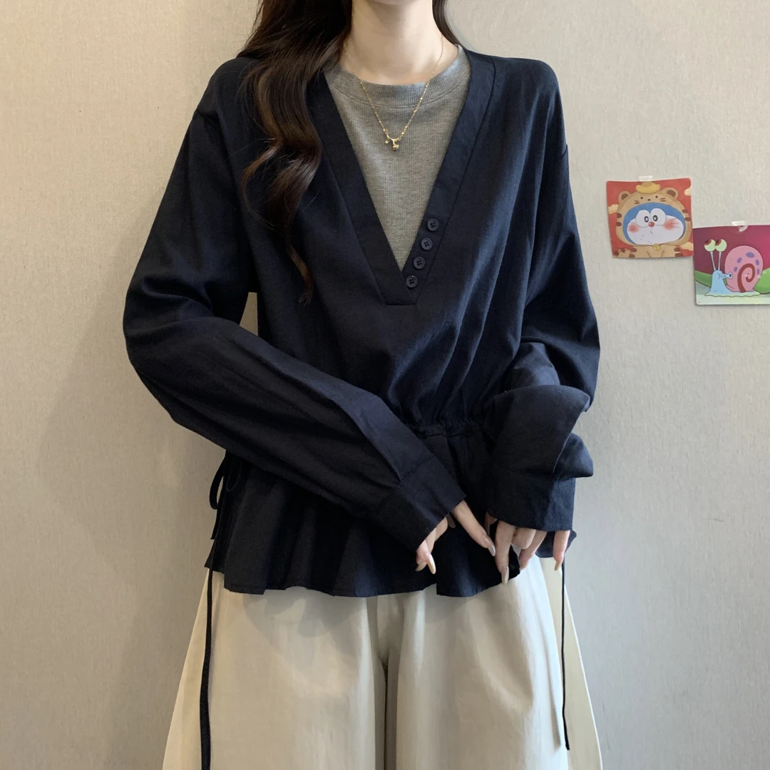 大码女装遮肚子假两件抽绳长袖衬衫女春秋胖妹妹宽松显瘦短款上衣