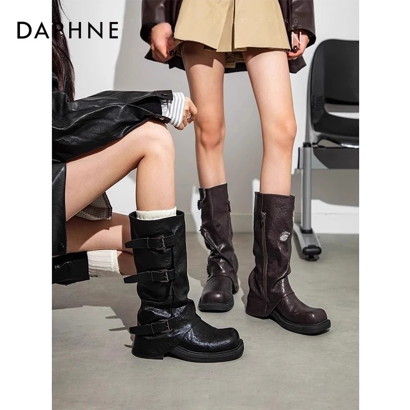 达芙妮棕色西部靴女2025新款夏季大筒围靴子复古骑士靴显瘦长筒靴