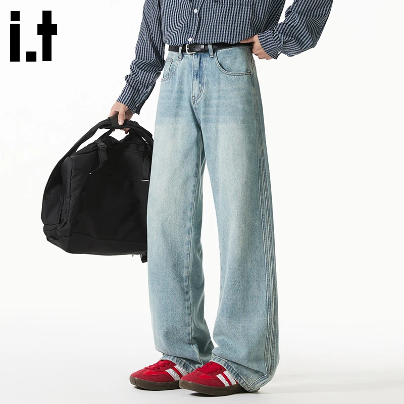 i.t:CHOCOOLATE浅蓝色阔腿牛仔长裤男士2025秋冬新款美式通勤裤子