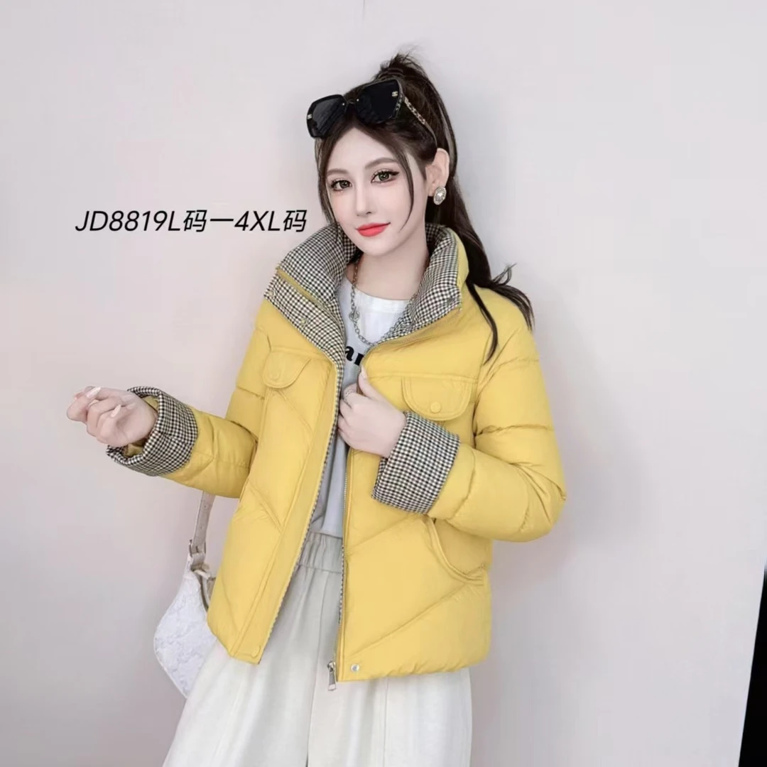 短款棉服女秋冬季新款时尚洋气加厚保暖格子拼接显瘦棉袄外套