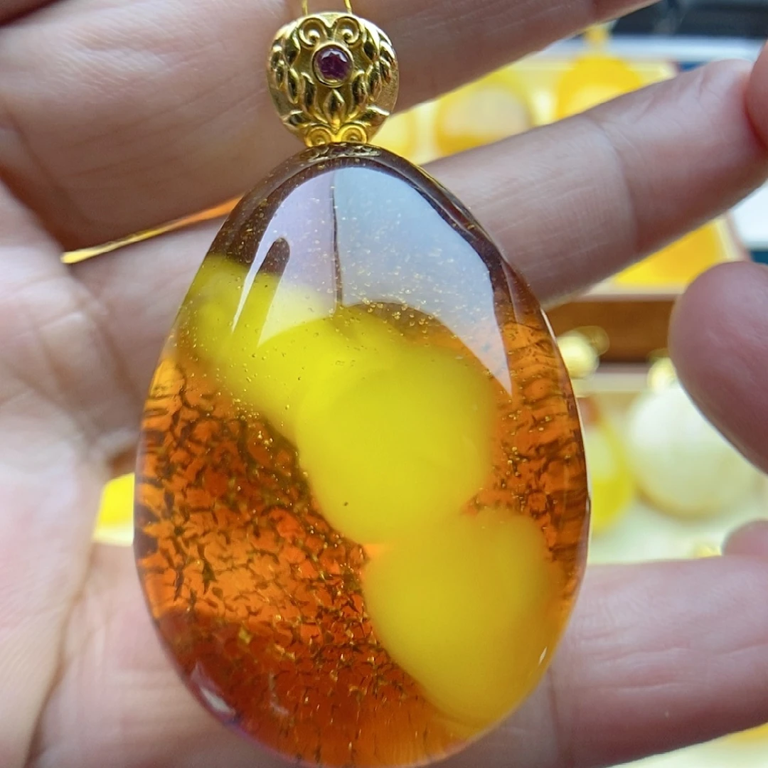 琥珀颈饰银S925镀金镶嵌