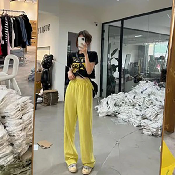 徐秋阳 一抹暖黄 松紧高腰黄色拖地休闲裤 2252
