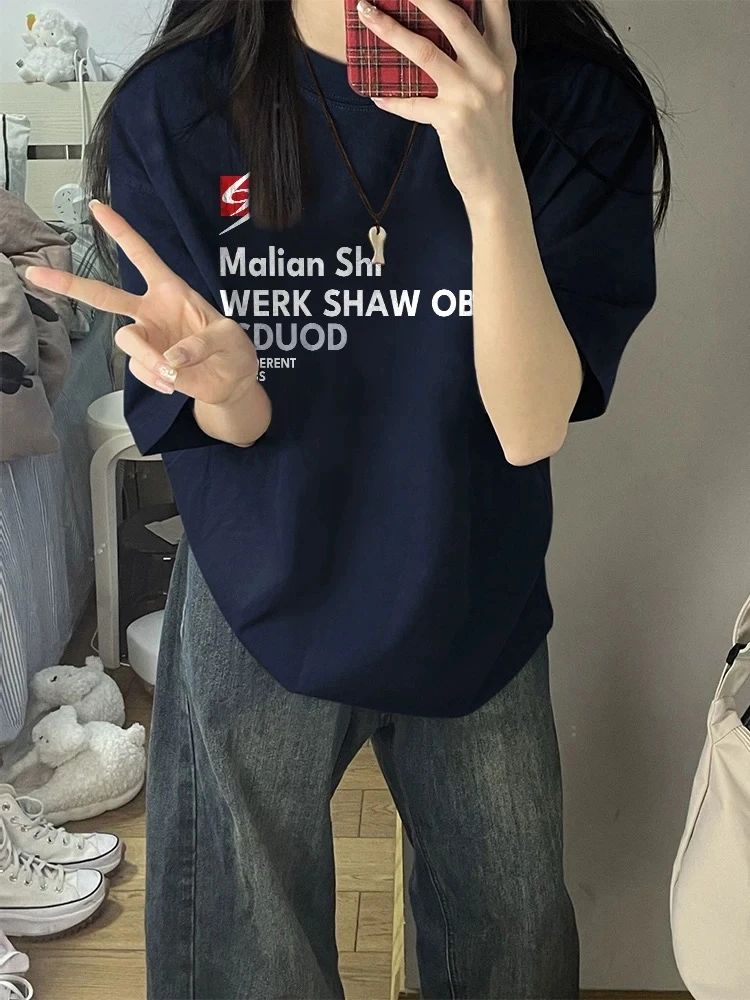 纯棉美式复古潮牌字母落肩情侣短袖2025新款设计感小众高街上衣