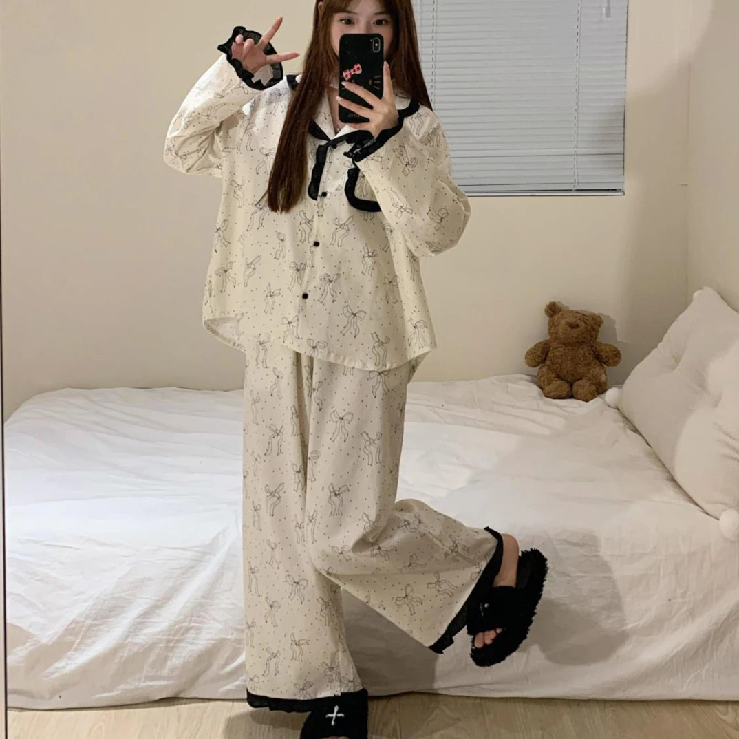 宽松套装蝴蝶结长袖长裤卡通甜美可爱女士睡袍女冬加厚加绒