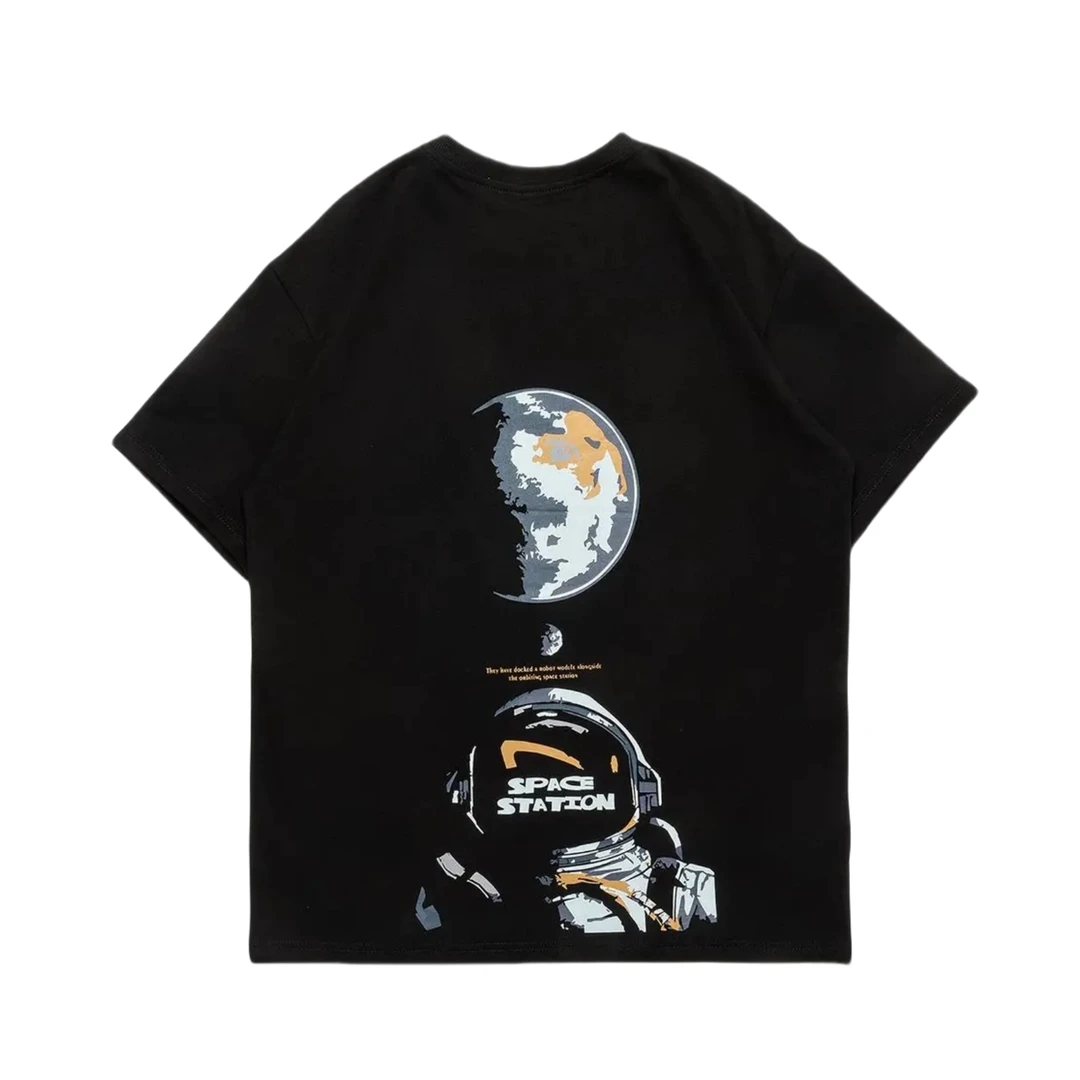 潮牌宇宙空间站印花T恤地球宇航员宽松时尚夏季纯棉短袖T恤