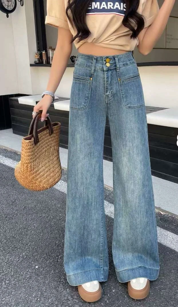 复古减龄百搭休闲宽松阔腿裤2025春季新款随性舒适时尚辣妹牛仔裤