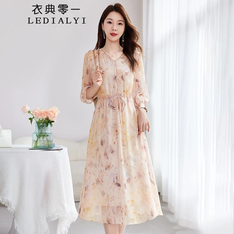 轻奢浪漫真丝乔其印花连衣裙女花边V领妈妈气质高腰显瘦桑蚕丝裙