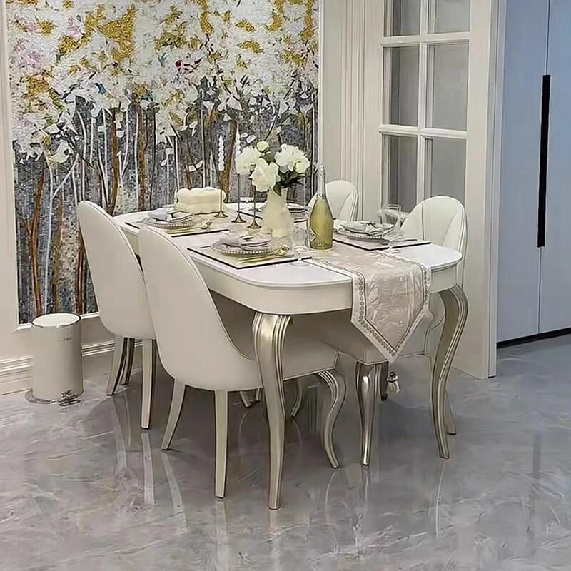 美式轻奢餐桌椅长方形午后香颂大理石法式奶油风榉木饭桌组合