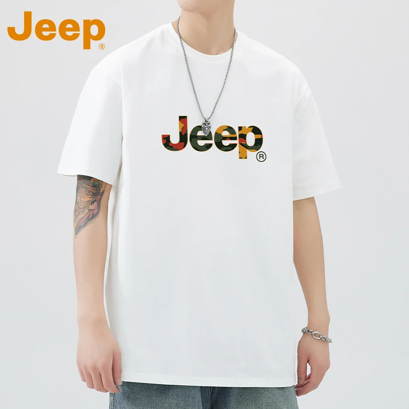JEEP吉普美式重磅纯棉短袖t恤百搭T恤男士夏季新款宽松白色打底衫