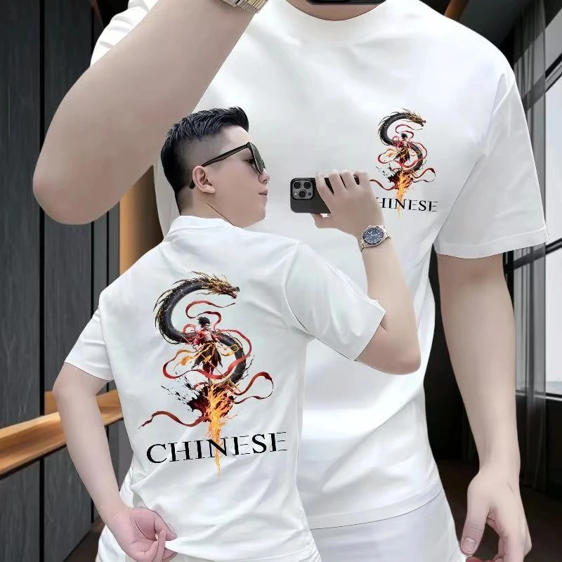 潮牌夏季新款男装短袖国潮卡通印花哪吒t恤宽松圆领半袖打底衫男